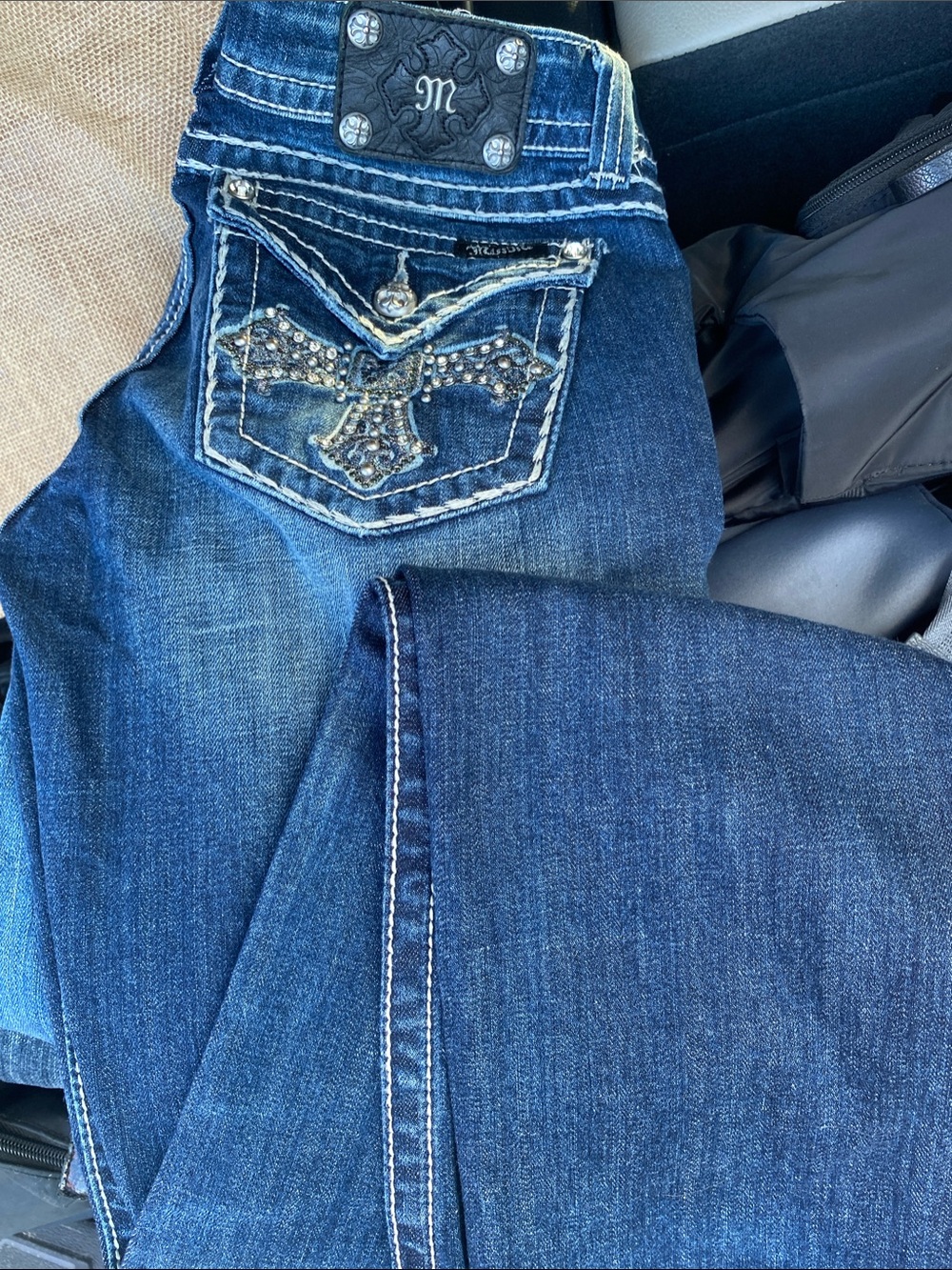 Miss Me Dark Blue Straight Leg Jeans with Studded Cross Pocket